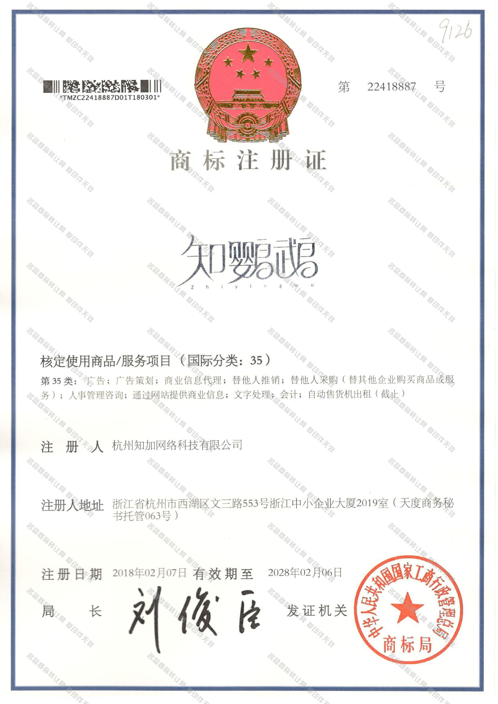 知鹦鹉 ZHIYINGWU注册证