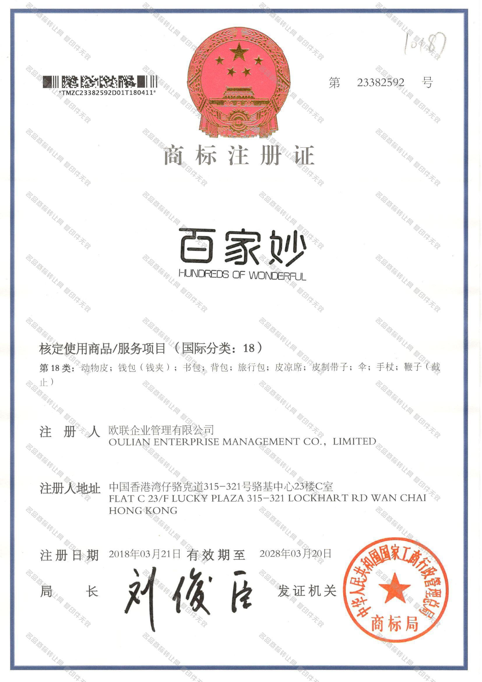 百家妙 HUNDREDS OF WONDERFUL注册证