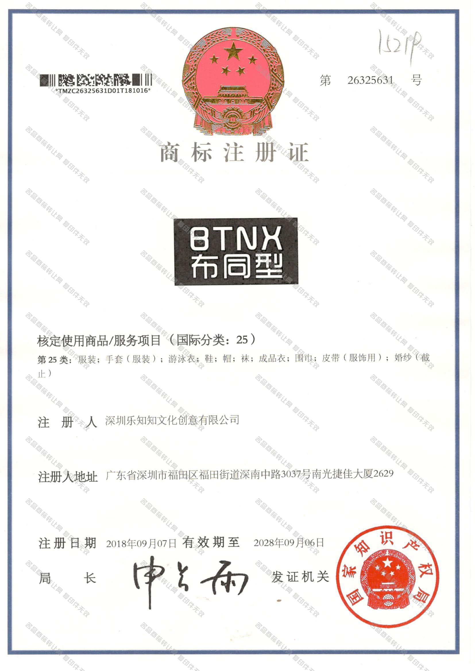 布同型 BTNX注册证